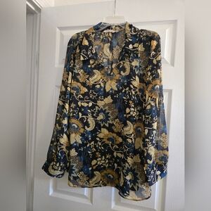 Soft Surroundings Viola Shimmer 2x Navy and Gold Floral Blouse